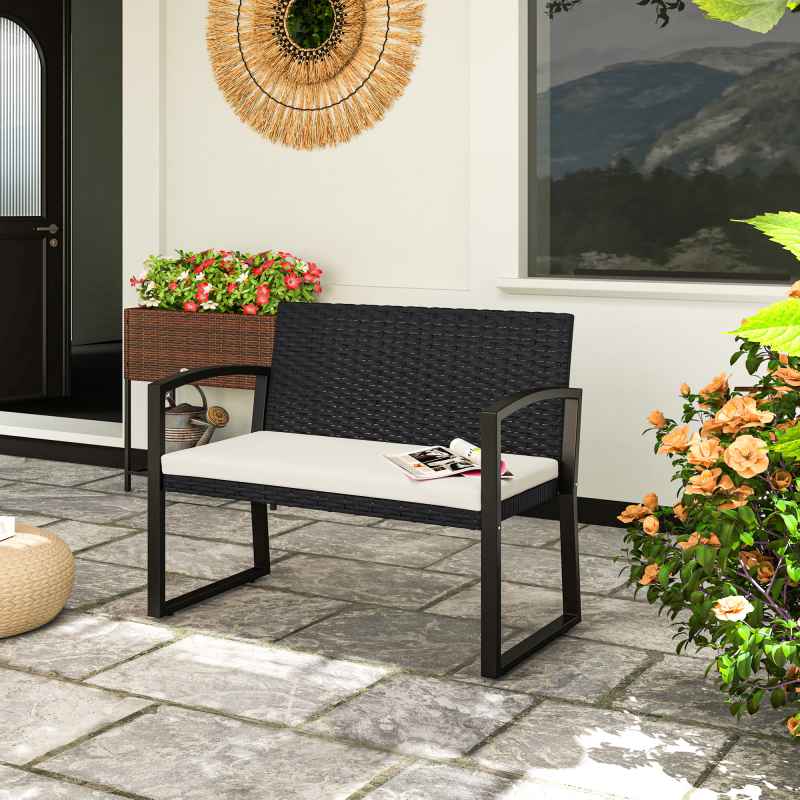 Outsunny 2 Seater Rattan Garden Bench, Outdoor Bench with Cushion, PE Wicker Garden Loveseat with Armrests, Galvanised Steel Frame for Patio, Park, Black