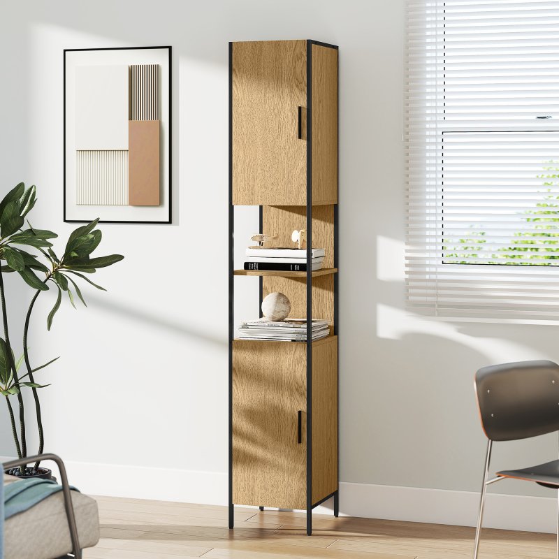HOMCOM Tall Bathroom Cabinet, Slim Bathroom Storage Cabinet with 2 Doors, Open Compartments and Adjustable Shelves, Freestanding Storage Cupboard, 33 x 33 x 185 cm, Natural Wood Finish