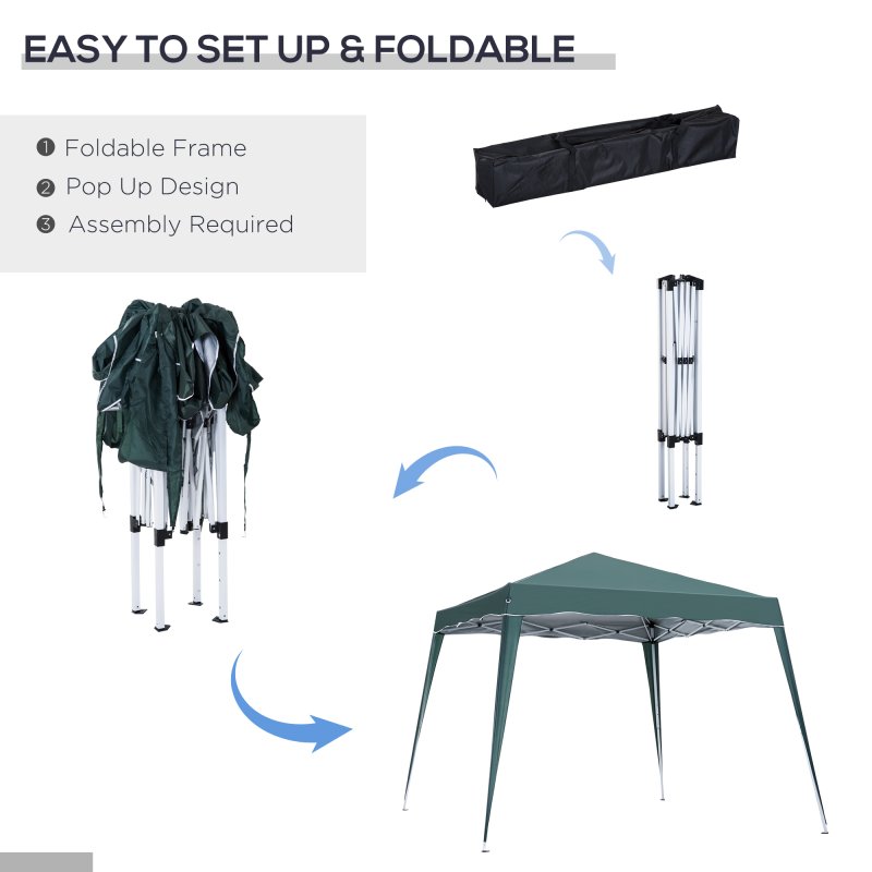 Outsunny 3 M x 3 M Base/ 2.5 M x 2.5 M Top Pop Up Gazebo, 2 Person Setup Instant with Carry Bag, Height Adjustable Slant Leg Party Tent Instant Event Shelter for Garden, Patio, Green