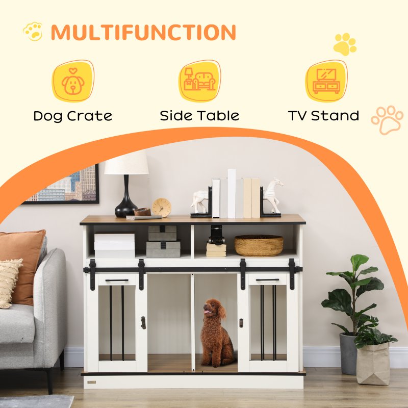 PawHut Dog Crate Furniture for Small and Large Dogs w/ Movable Divider, Dog Cage End Table with Shelves, Sliding Doors, 120 x 60 x 88.5cm, White