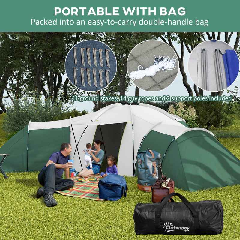 Outsunny 6-9 Man Large Tunnel Tent with 3 Bedroom, Living Area and Porch, 2000mm Waterproof Camping Tent, Portable with Bag, for Fishing Hiking Festival, Green