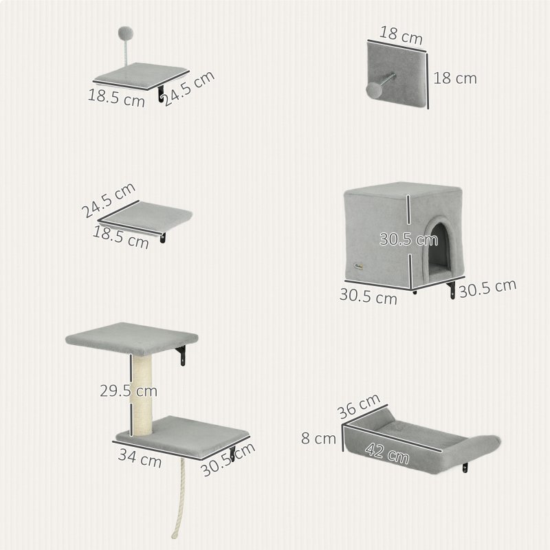 PawHut Cat Wall Shelves, 6-Piece Cat Wall Furniture Set with Condo, Platforms, Sisal Scratching Post, Bed and Toy Ball, for Climbing, Sleeping, Playing, Grey