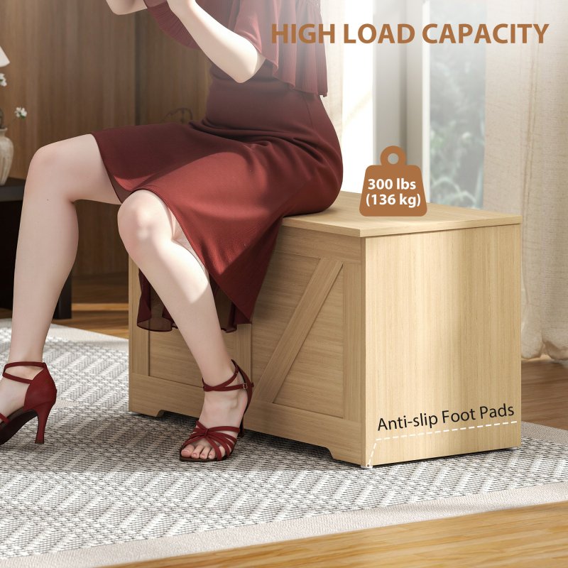 HOMCOM 100L Storage Chest, Storage Trunk with 2 Safety Hinges and U-shaped Cut-out Pull, Organiser Box for Living Room, Entryway, 80 x 40 x 45 cm, Natural Wood Finish