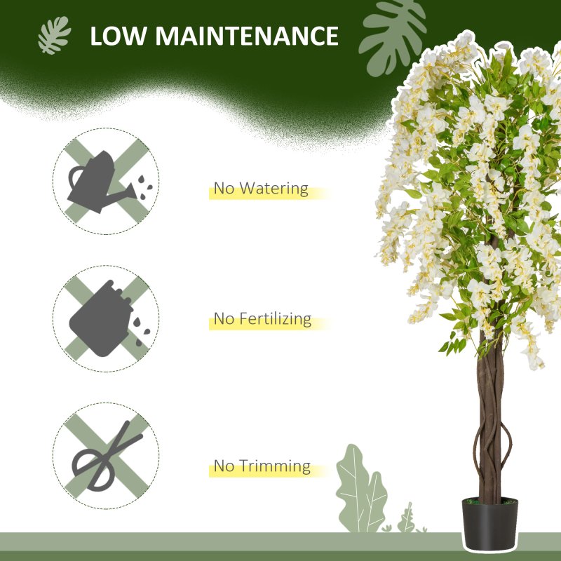 HOMCOM Artificial Realistic White Wisteria Tree Faux Decorative Plant in Nursery Pot for Indoor Outdoor D??cor, 160cm