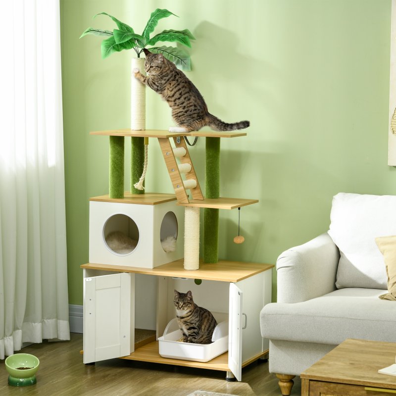 PawHut Cat Tree with Hidden Litter Box Enclosure, 2-in-1 Green Leaf Cat Tower, Litter Box Furniture with House, Ladder, Scratching Posts, Platforms, for Indoor Use - Oak