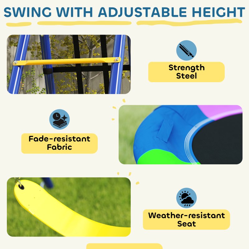 AIYAPLAY 6 in 1 Kids Swing Set, Metal Swing with 3 Swings, Basketball Hoop, Climbing Ladder and Net, Heavy Duty A-Frame Garden Swing Kids Outdoor Children Playground for Ages 3-8