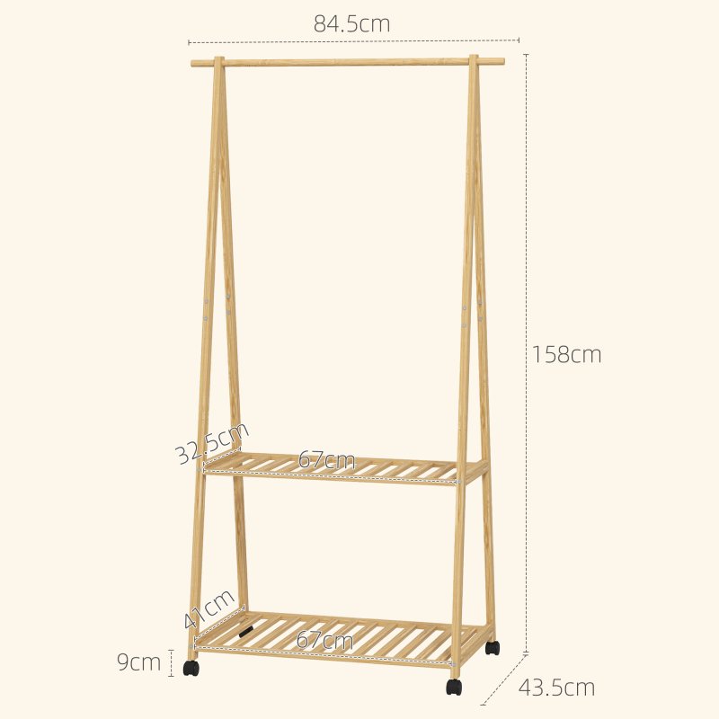 HOMCOM Bamboo Clothes Rail Rack with 2 Storage Shelves and 2 Hooks, Freestanding Open Wardrobe Coat Stand with Wheels for Entryway, Bedroom, Natural Wood Effect