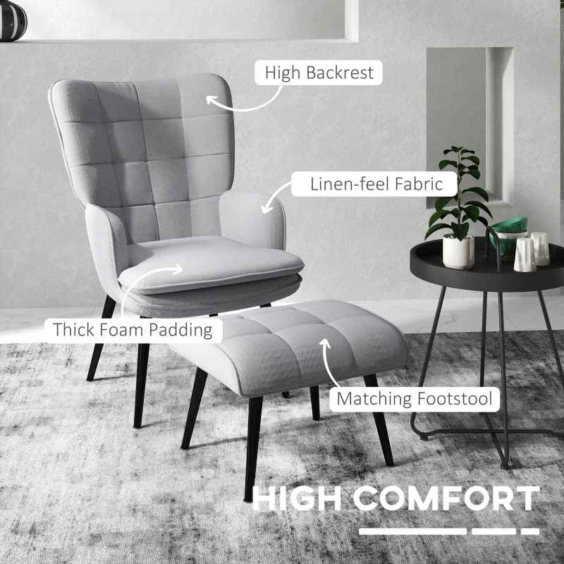 HOMCOM Armchair with Footstool, Living Room Chair, Linen Accent Chair for Bedroom, Home Study, Light Grey