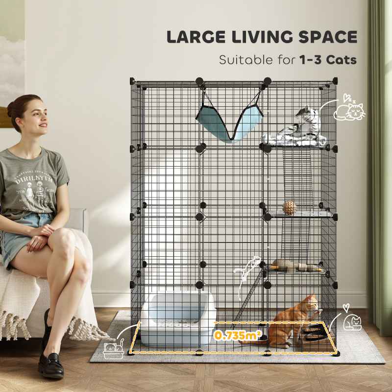 PawHut Cat Cage Indoor, DIY 4 Tier Wire Cat Enclosure with Hammock, Ramps, Doors, Jumping Platforms, Detachable Catio Indoor for 1-3 Cats, 105 x 70 x 140 cm, Black