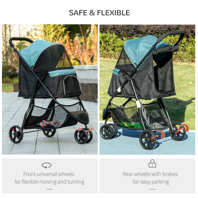 PawHut Dog Pram with Rain Cover Pet Stroller, Foldable Dog Pushchair for Small and Miniature Dogs, Cats - Dark Green