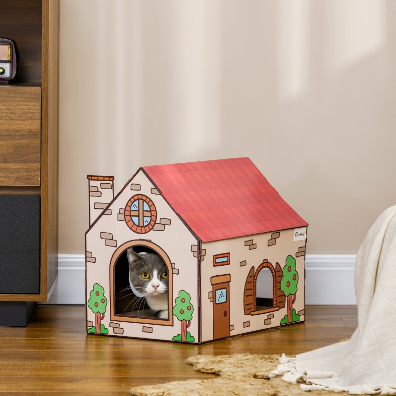 PawHut Cardboard Cat House with Scratcher, Catnip, Recyclable Corrugate Scratcher for Indoor Cats, Cat Scratching Board Pad,  42 x 30 x 37cm