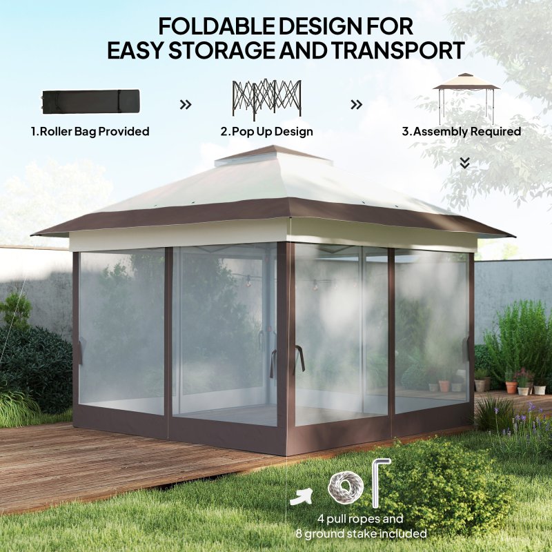 Outsunny 3.6 x 3.6 m Pop up Gazebo with Netting and Wheeled Carry Bag, UPF50+ Height Adjustable Party Tent Instant Canopy Sun Shade Shelter, Khaki