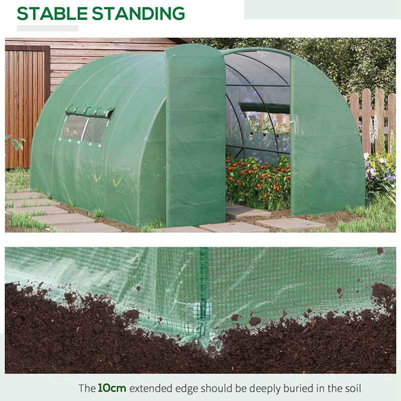 Outsunny Large Polytunnel Walk In Greenhouse, Plant Gardening Tunnel Green House with Metal Hinged Door, Galvanised Steel Frame & Mesh Windows, Green (3 x 4 m)