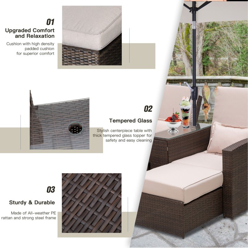 Outsunny Double Rattan Sun Lounger, Already Assembled Reclining Garden Lounger with Retractable Footrest, Glass Top Storage Table with Umbrella Hole, Garden Sunbed with Cushions and Pillows, Brown