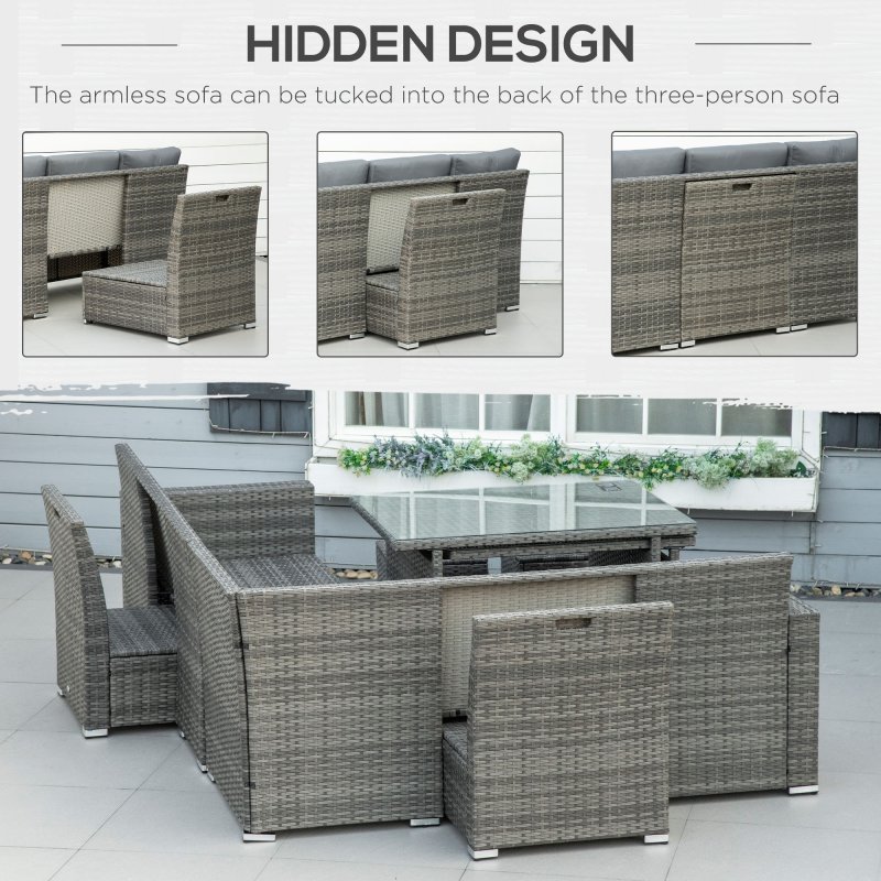 Outsunny 10 Seater Rattan Dining Set with Expandable Table and Nesting Chairs, Rattan Garden Furniture Set with Cushions, Outdoor Dining Table and Chairs, Sectional Corner Sofa Set, Grey