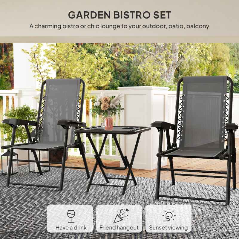 Outsunny 3 Pieces Garden Bistro Set, Folding Table and Chairs Set, Metal Garden Furniture Set with Cup Holders for Outdoor, Patio, Balcony, Dark Grey