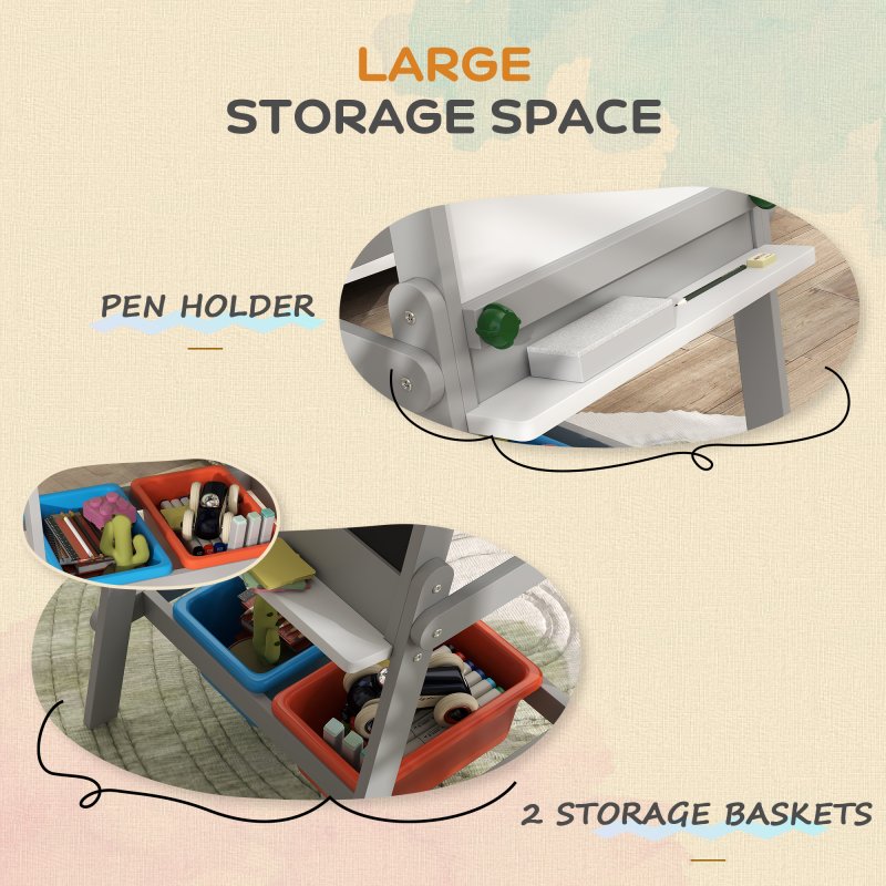 AIYAPLAY Art Easel for Kids with Paper Roll, Double-Sided Painting Easel with Chalkboard, Whiteboard, Eraser, Storage Boxes