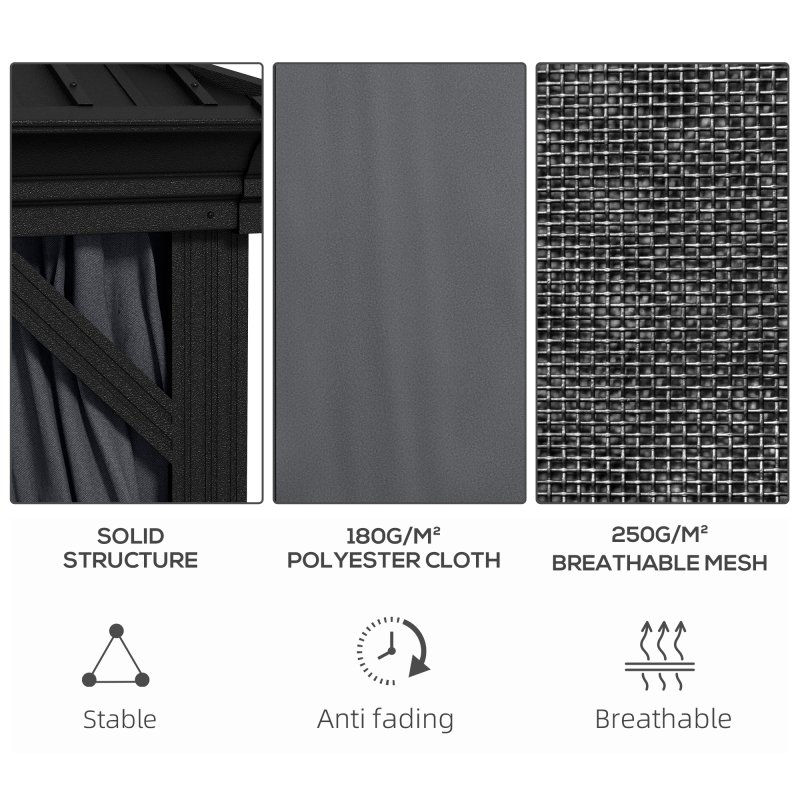 Outsunny 3 x 3.7m Outdoor Hardtop Gazebo Canopy Aluminium Frame with 2-Tier Roof & Mesh Netting Sidewalls for Patio, Dark Grey