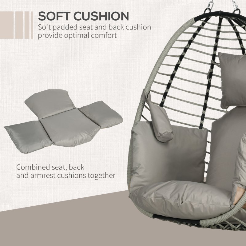 Outsunny Outdoor Swing Chair with Thick Padded Cushion, Patio Hanging Egg Chair with Metal Stand, Foldable Basket, Cup Holder, Rope Structure for Indoor & Outdoor, Grey