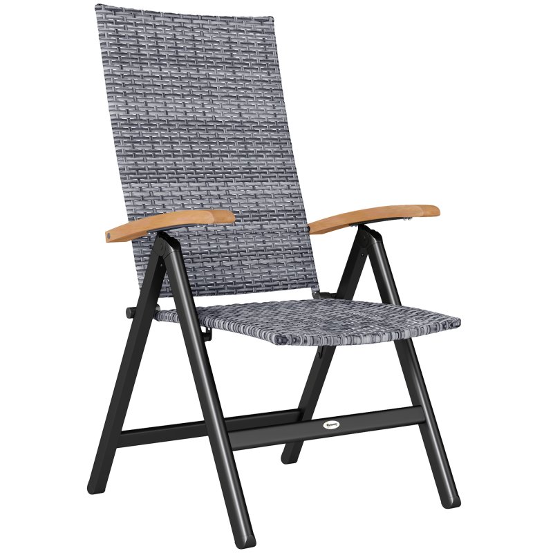 Outsunny Outdoor Folding Dining Chair, PE Rattan Chair with Armrests, High Backrest, for Garden, Camping, Balcony, Porch, Light Grey
