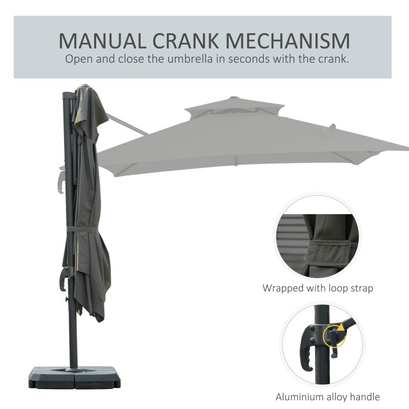 Outsunny 2.7 x 2.7(m) Cantilever Parasol with Aluminium Frame, Crank and Tilt, 360-Degree Rotation, Double Top Garden Umbrella with Base and Cover, Dark Grey
