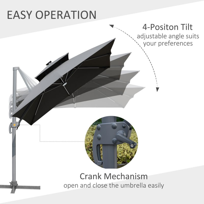Outsunny 3m Cantilever Roma Parasol, Offset Patio Umbrella, Solar LED Lighted Hanging Sun Shade Canopy 250g Polyester SunShade with Aluminium Frame, Tilt & Crank Handle, Cross Base for Lawn, Grey