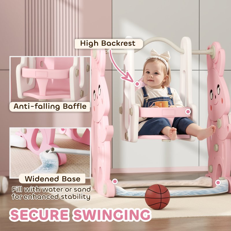 AIYAPLAY Toddler Slide and Swing Set 4 in 1 with Climber, Basketball Hoop, Kids Slide for Age 1.5-4, Children Activity Centre Playground for Indoor Outdoor Garden, Rabbit Themed, Pink