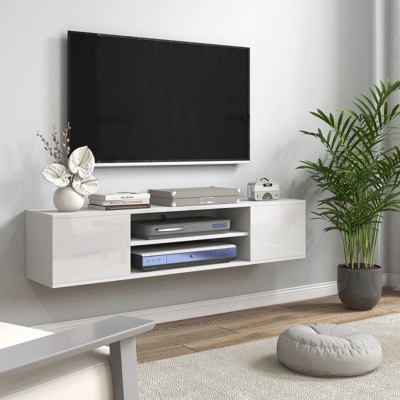 HOMCOM Floating TV Stand Cabinet for TVs up to 60", Wall Mounted TV Unit with Open Shelf, Storage Cupboards and Cable Management for Living Room