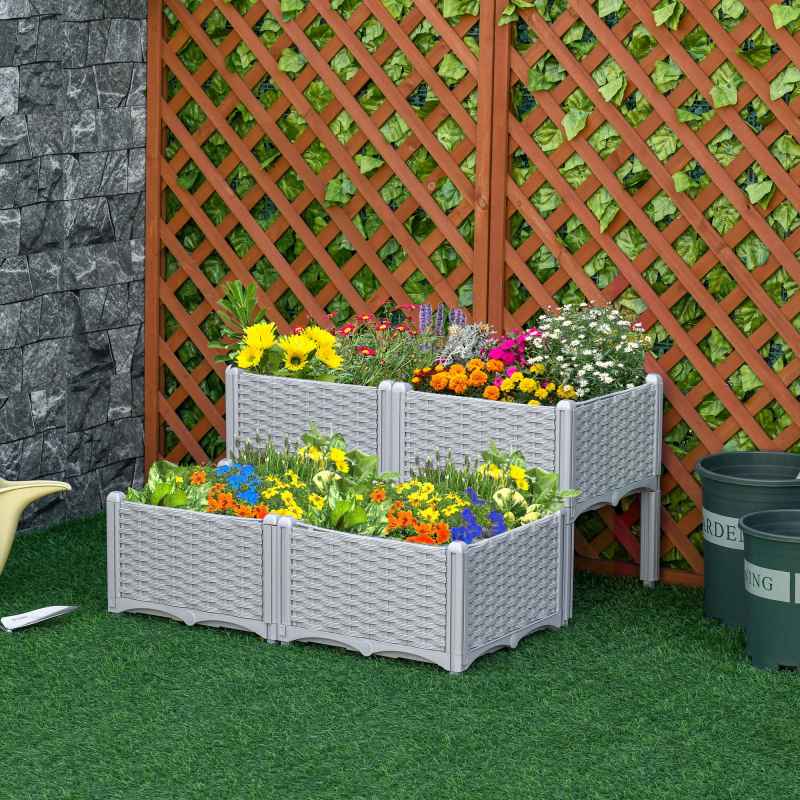 Outsunny Set of 4 26L Garden Raised Bed Elevated Patio Flower Plant Planter Box PP Vegetables Planting Container, Grey