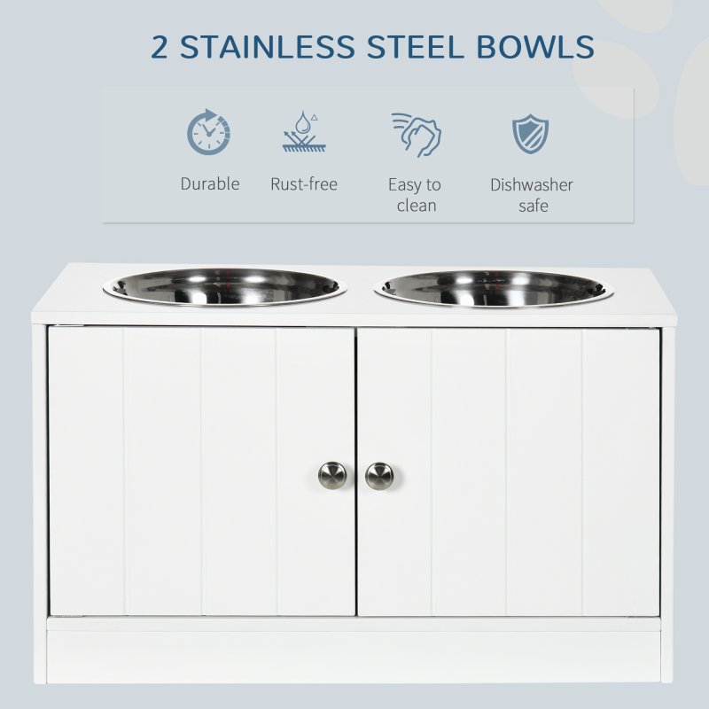 PawHut Raised Dog Bowls for Large Dogs Pet Feeding Station w/ Stand, Storage, Two Stainless Steel Bowls - White