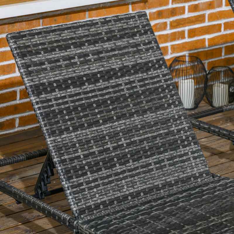 Outsunny Rattan Sun Lounger Set of 2, 5-Level Adjustable Garden Lounger Recliner with Cushion and Headrest, Outdoor Reclining Sunbed, Steel Frame Garden Chair for Patio, Beach, Terrace, Dark Grey