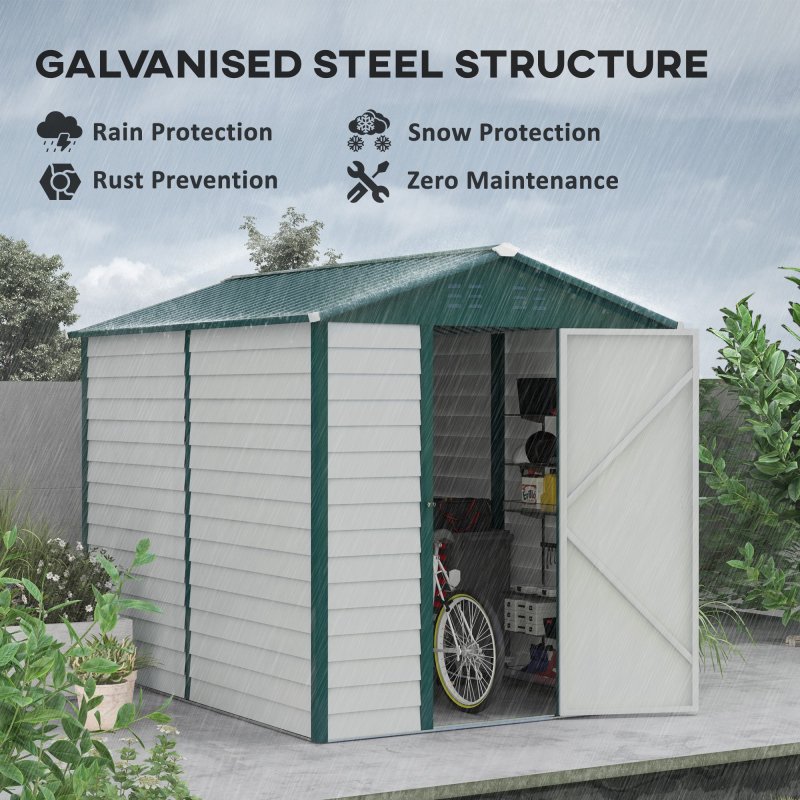Outsunny 9 x 6FT Metal Garden Shed, Galvanised Outdoor Storage Shed with Window, Lockable Door, Tool Storage Shed for Yard, Patio, Lawn, Green