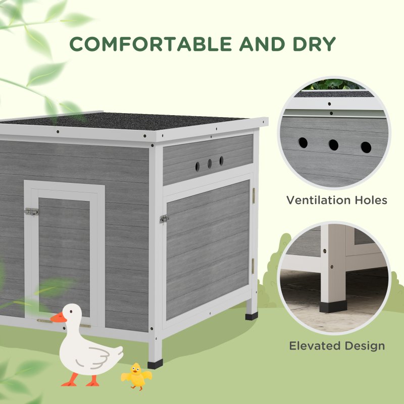 PawHut Wooden Duck House, Raised Poultry Coop with Ramp, Double Doors, Openable Asphalt Roof, Ventilation Holes, Removable Base, for 2-4 Ducks, Chickens, Geese, Light Grey