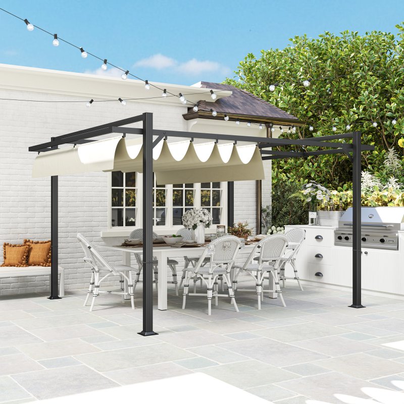 Outsunny 3 x 4m Pergola with Retractable Roof Canopy, Aluminium Frame Garden Gazebo Outdoor Sun Shade Shelter for Grill, Patio, Deck, Khaki