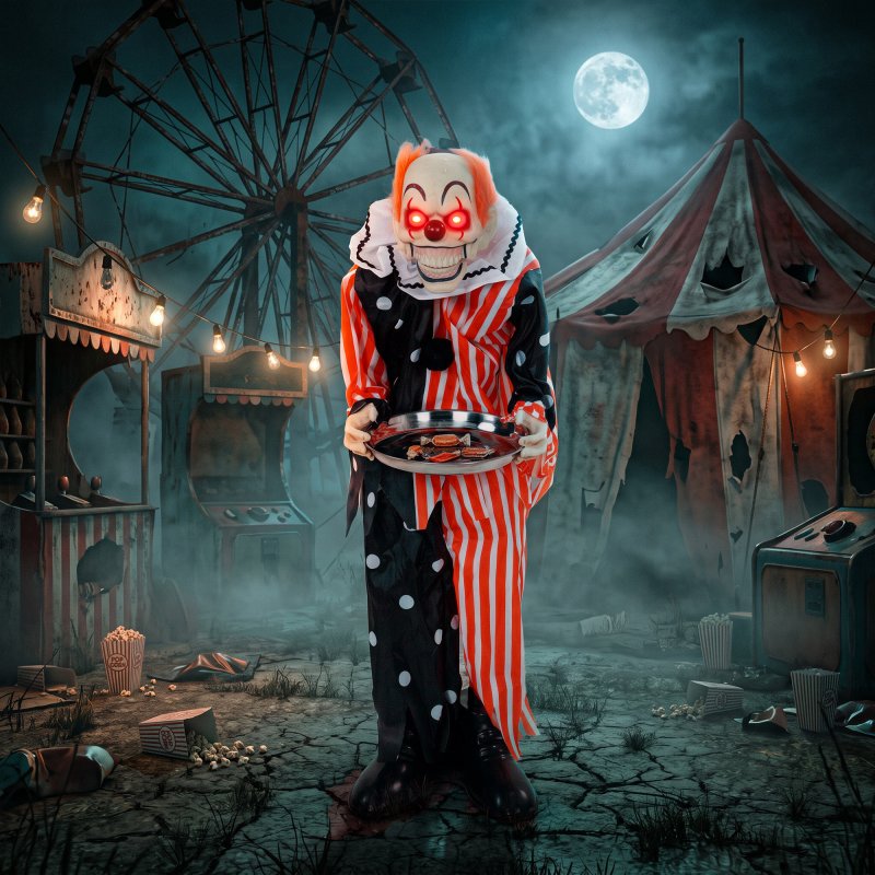 HOMCOM 36"/91 cm Animated Clown Halloween Decoration, Standing Halloween Animatronic with Sound and Touch Activation, Red Light-Up Eyes, Moving Mouth, Candy Tray