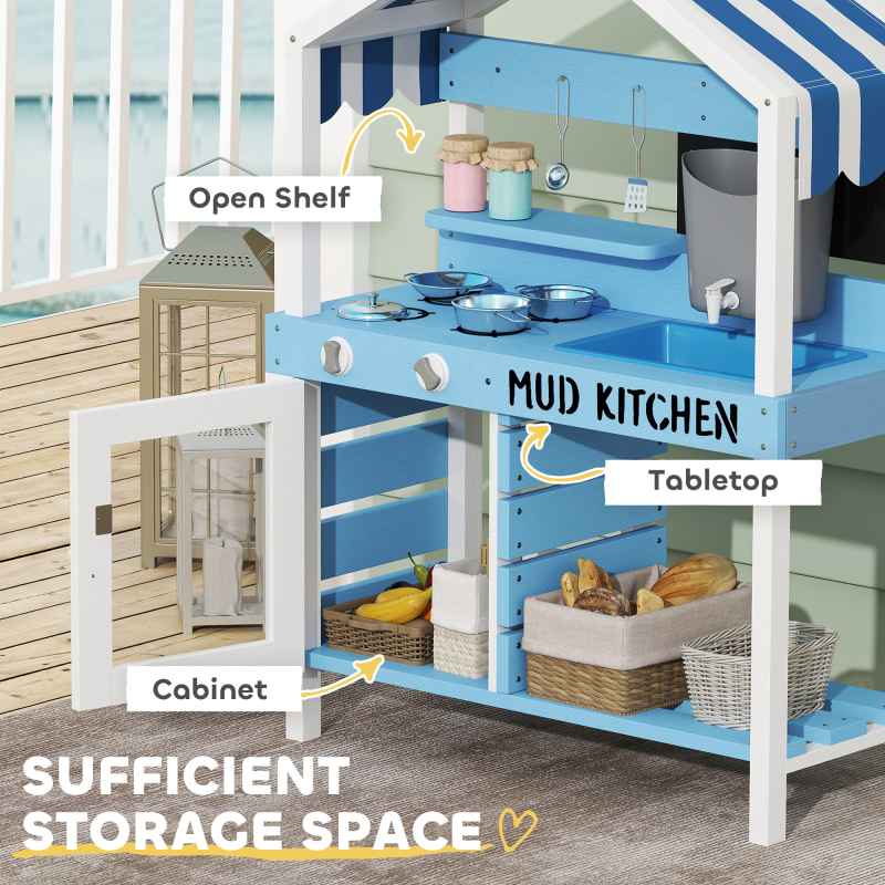 AIYAPLAY Kids Mud Kitchen, Outdoor Play Kitchen with Stoves, Sink, Faucet, Storage Shelves, Cookware Accessories, Pretend Wooden Kitchen Playset for Boys Girls, Blue