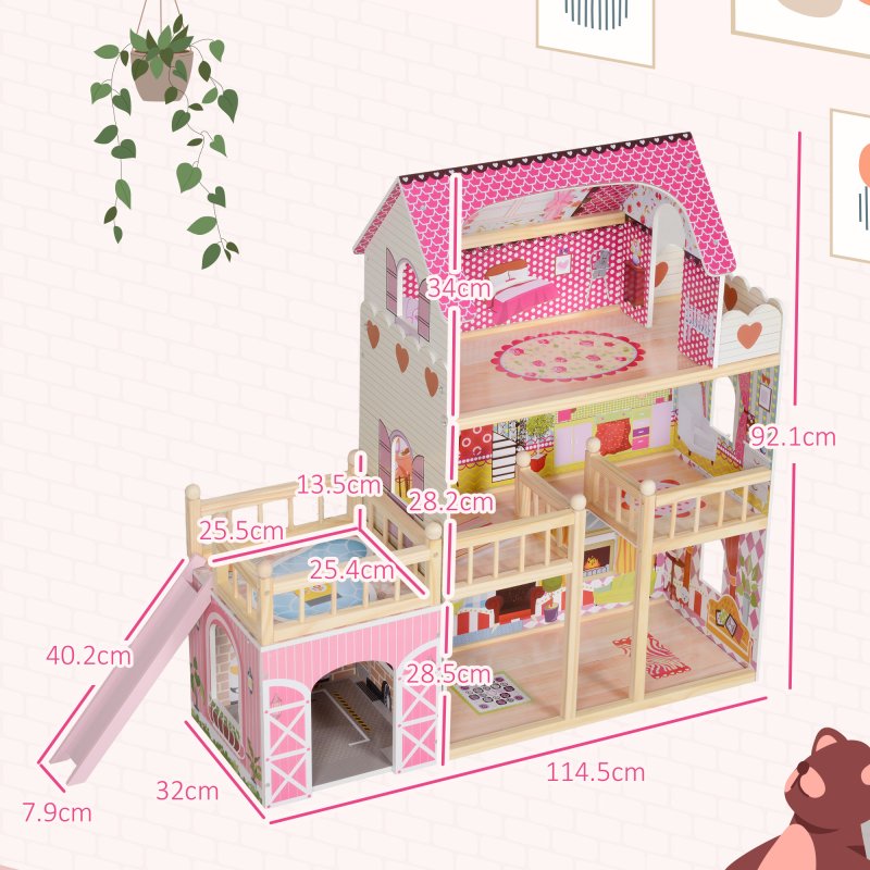AIYAPLAY Dolls House with 13 Pieces Wooden Furniture and Accessories, 3 Levels Play Set with Detachable Balcony, Garage, Movable Slides, Gift for 3-6 Years