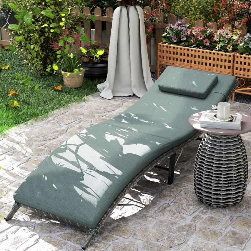 Outsunny Folding Rattan Sun Lounger, Wicker Garden Lounger with Cushion and Pillow, Outdoor Sunbed with Steel Frame for Patio, Beach, Terrace, Mixed Grey