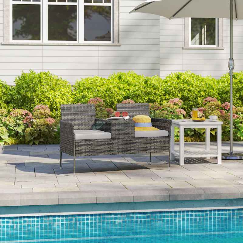 Outsunny 2 Seat Rattan Garden Bench, Patio Wicker Chair with Glass Tea Table, Outdoor Love Seat with Padded Cushions, for Garden, Porch, Charcoal Grey/Grey