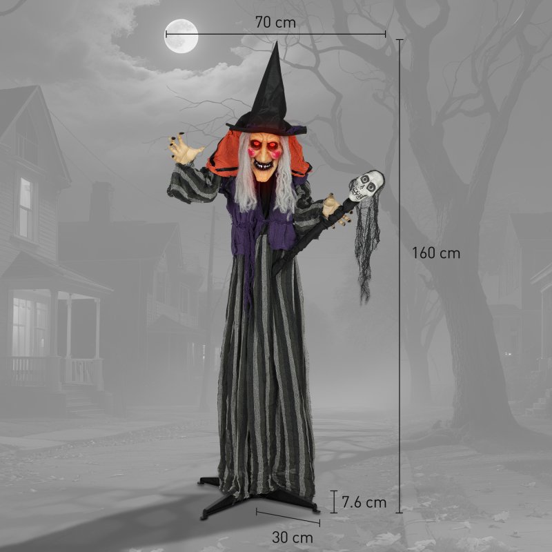 Outsunny 160 cm Life Size Halloween Animated Standing Witch & Skull Staff with Glowing LED Eyes & Head, Spooky Witch Scary Halloween Decorations, Battery Operated, Indoor Party Props