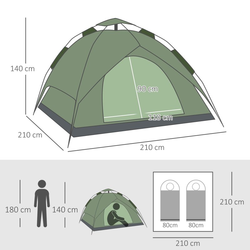 Outsunny 3 Person Camping Tent, Instant Pop Up Tent, Dome Tent with Sewn-in Groundsheet, 2 in 1 Double Layers for Camping, Hiking, Backpacking, Green