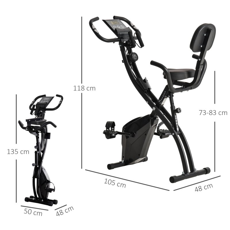 HOMCOM 2-in-1 Folding Exercise Bike, Foldable Stationary Bike with 8-Level Adjustable Magnetic Resistance, Arm Resistance Band, Pulse Sensor and LCD Monitor, Black