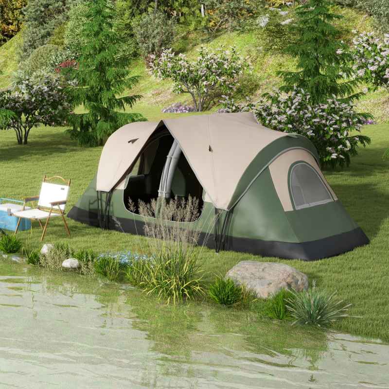 Outsunny 2 Bedroom Camping Tent for 6-8 Man, Large Family Tent with 2000mm Waterproof Rainfly and Screen Panels, Portable with Bag, for Fishing Hiking Festival, Dark Green