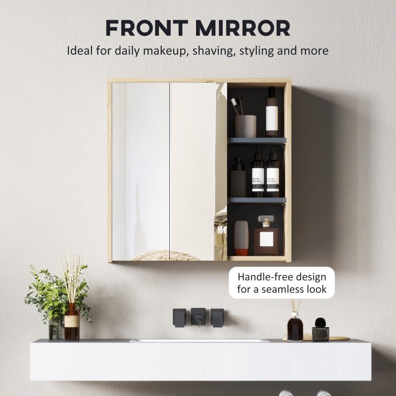 HOMCOM Bathroom Mirror Cabinet, Wall Mounted Bathroom Cabinet with Mirror, 2 Doors and Cupboards, Natural