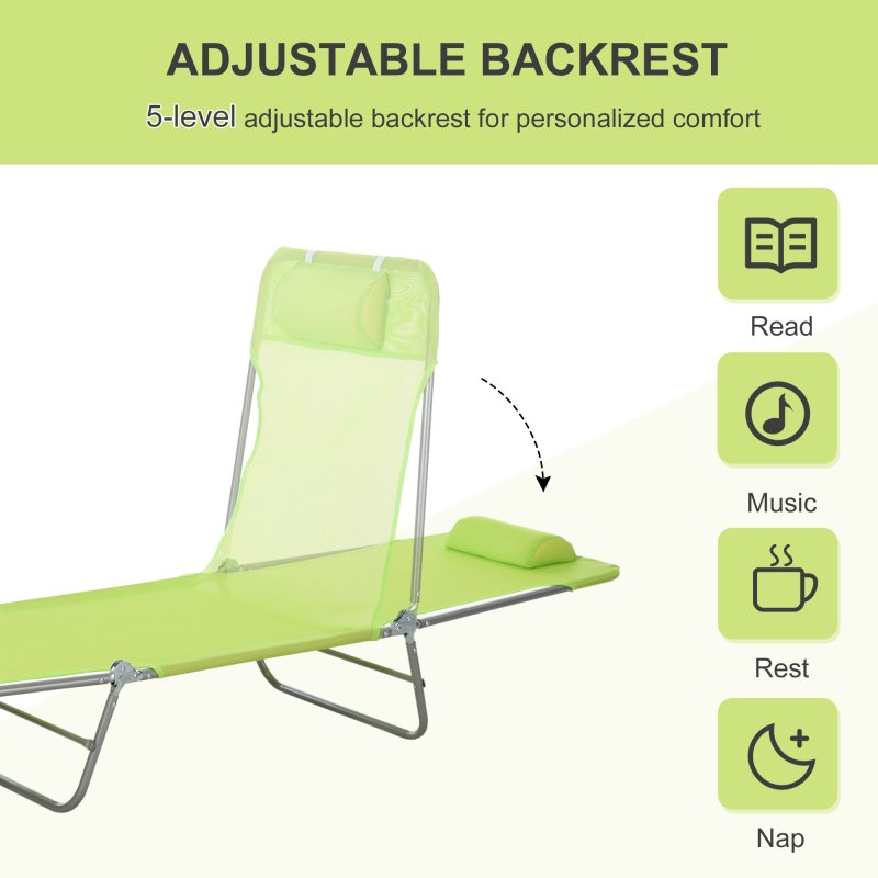 Outsunny Outdoor Foldable Sun Lounger, Adjustable Backrest Garden Recliner Sun Lounger Chair with Headrest Pillow, Green