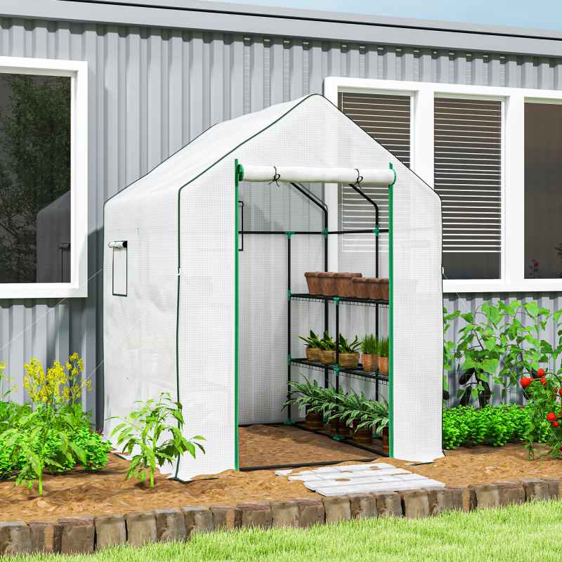 Outsunny Walk-in Greenhouse with 3 Tier 8 Shelves, Small Greenhouse with Reinforced PE Cover, Garden Plant Growhouse with Roll-up Door and Three Mesh Windows, 140 x 143 x 190 cm, White