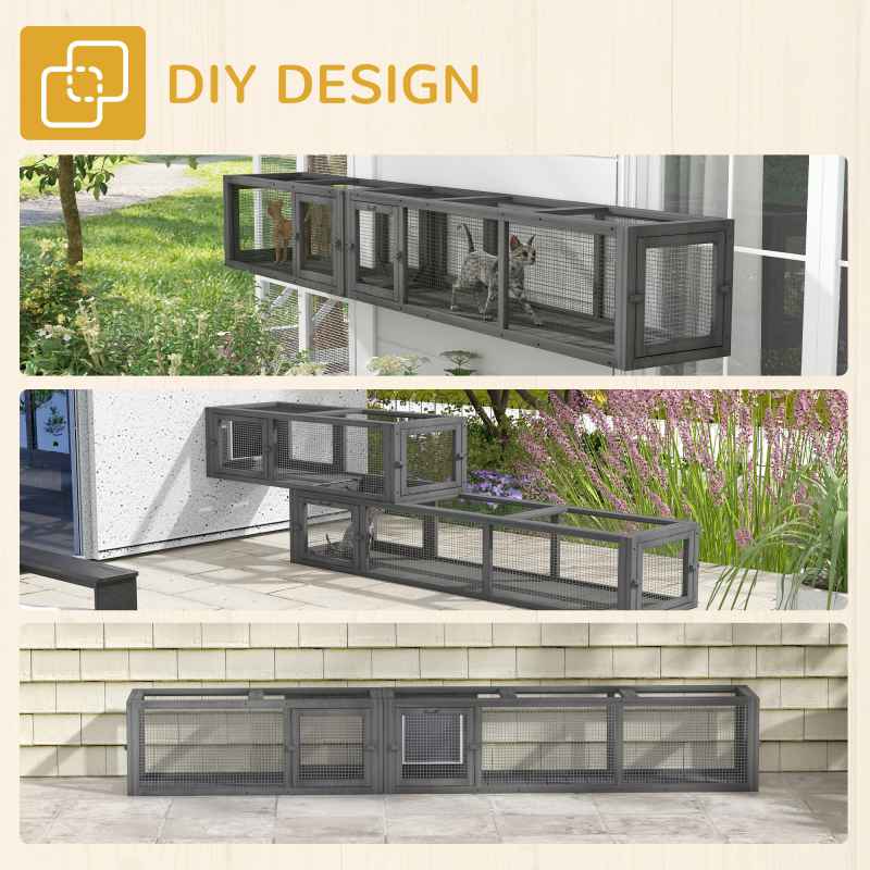 PawHut Wooden Cat Tunnel, Cat Play Tunnel 250cm Extra Long, with Eight Doors, L-Shape/Rectangle, for Cat, Rabbit, Puppy, Dark Grey