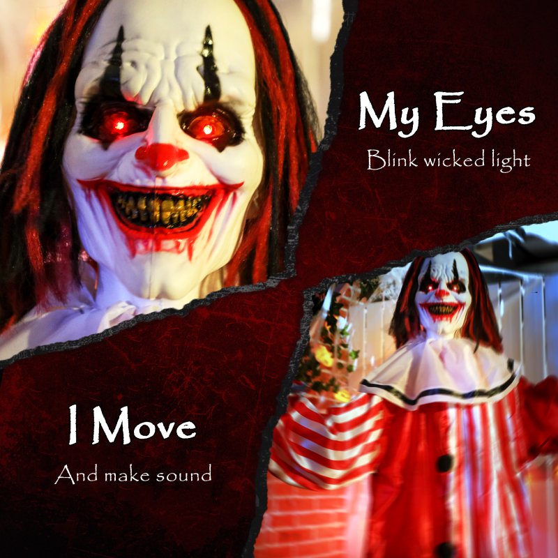 Outsunny 165 cm Life Size Halloween Animated Clown with Red Light Up Eyes, Sound Activated Moving Body, Scary Clown Halloween Decorations, Battery Operated, Indoor Party Props
