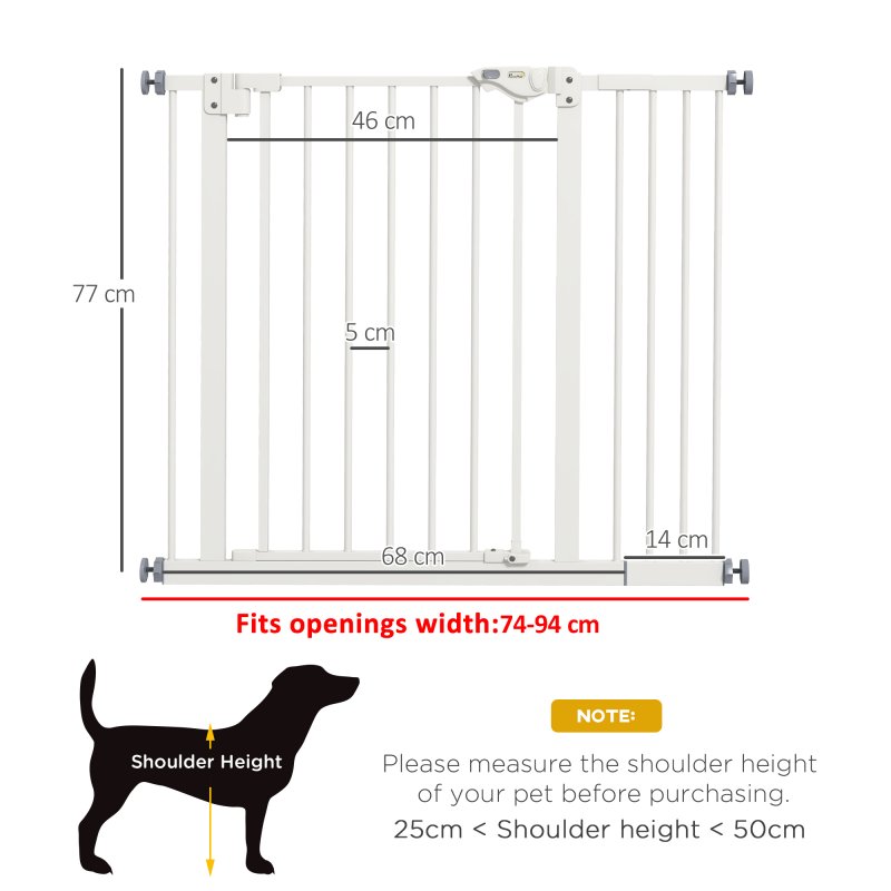 PawHut Dog Gate Stair Gate Pressure Fit Pets Barrier Auto Close for Doorway Hallway, 74-94cm Wide Adjustable, White