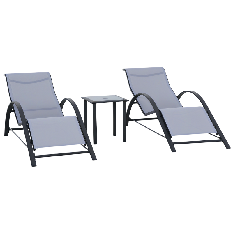 Outsunny 3 Pieces Sun Lounger Chair Set, Metal Frame Garden Outdoor Sunbathing Chair with Side Table and Armrest, Light Grey